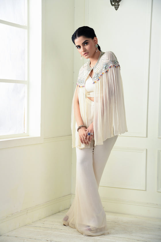 Women's Embroidered Pastel Cape Plazo Set Frontview