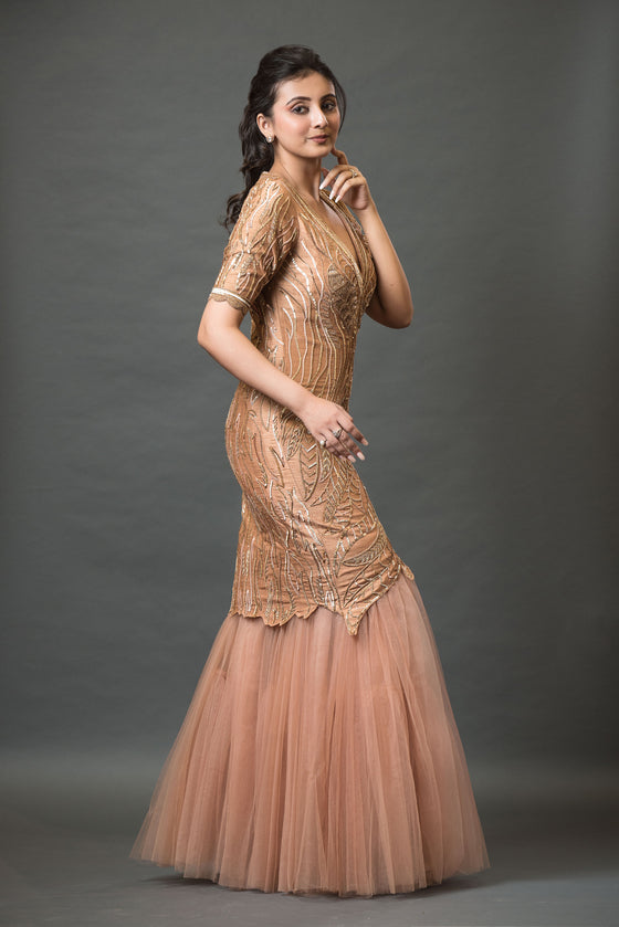 Fish Shape Flared Gown with Gold Zari & Dabka Size - M - Q by Sonia Baderia