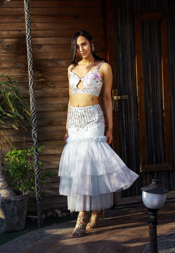 Bralette Top & Mesh Layered Skirt - Q by Sonia Baderia