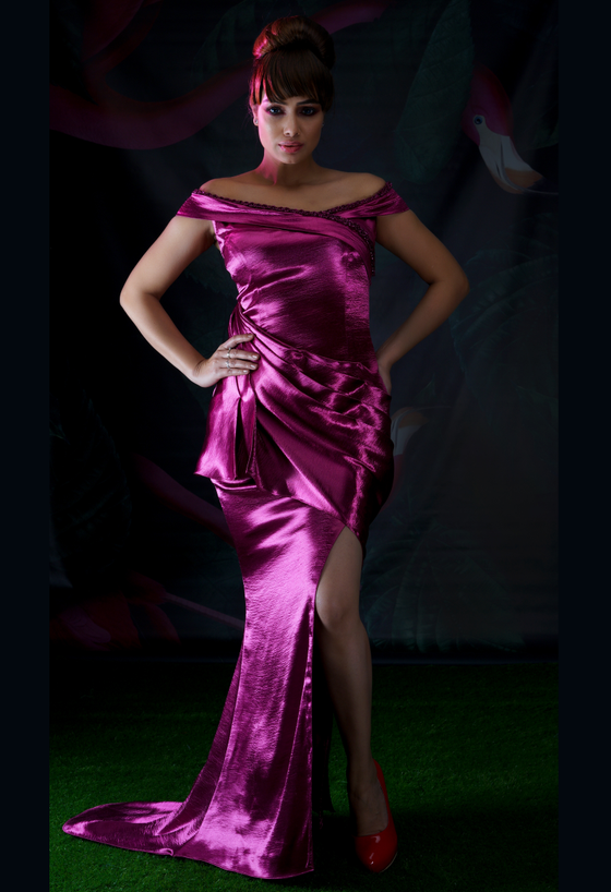 Plum Pink Off Shoulder Long Gown Dress - Q by Sonia Baderia