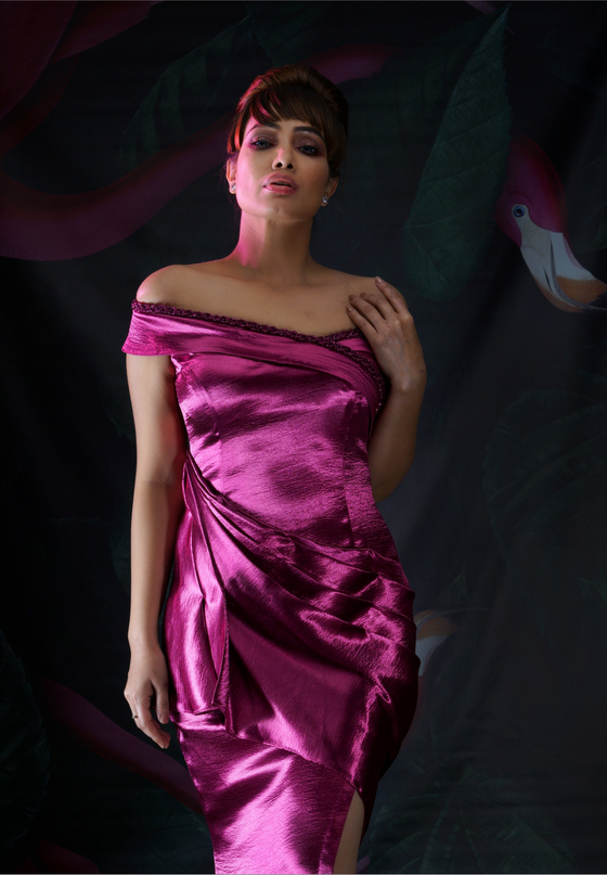 Plum Pink Off Shoulder Long Gown Dress - Q by Sonia Baderia