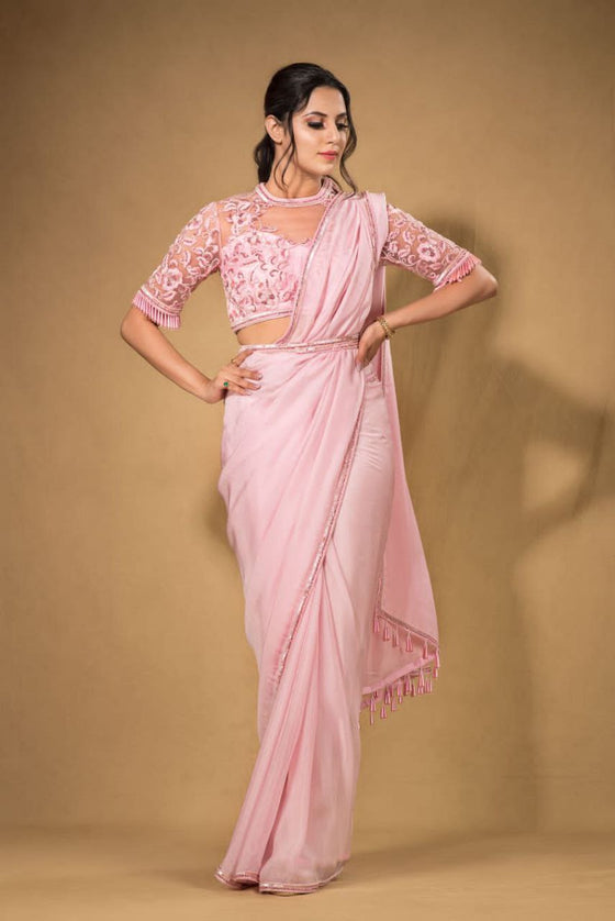 Pink Flat chiffon saree and net blouse